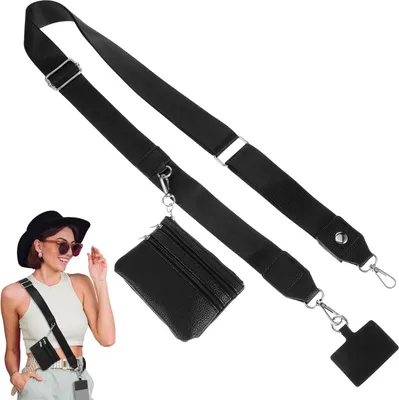 Produktbild von Breit Handykette Universal mit Tasche, Clip and Go Handygurt mit Reißverschlusstasche Handyband zum Umhängen Verstellbares Handy Umhängeband Lang Crossbody Handykette 2 Karabiner, Schwarz