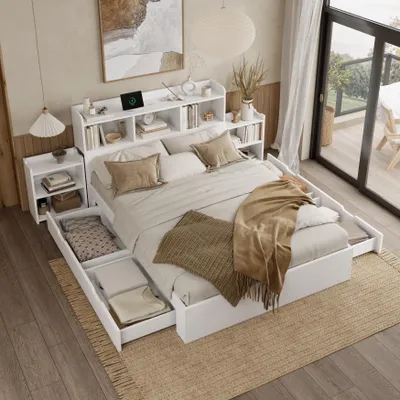 Produktbild von Merax Holzbett 140x200 mit Schubladen und 2 ausziehbaren Nachttischen, Kinderbett mitType-C & Wireless Ladefunktion, Doppelbett mit Lattenrost, Weiß