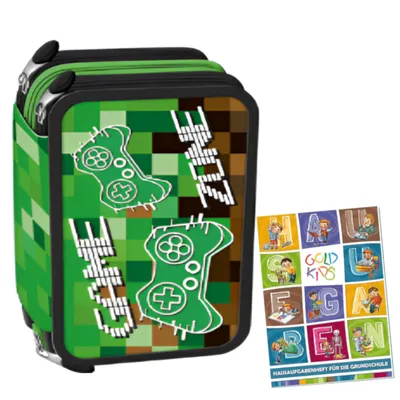 Produktbild von Goldkids - Federmäppchen 3 Fächer - Mäppchen für Mädchen und Jungen - Federmappe 3-Fach Federtasche und Hausaufgabenheft - Game Zone Motiv
