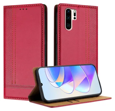A red leather flip case for a Huawei P30 Pro phone is shown open, with the phone inside displaying its screen. The case is standing upright, showcasing its stand function.