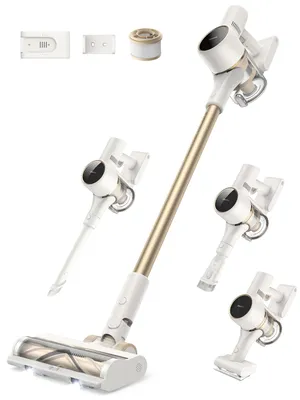 A collage of a cordless vacuum cleaner and its accessories, presented on a white background.