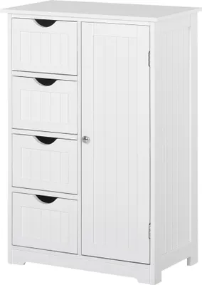 Produktbild von kleankin Badezimmer-Hilfsschrank, Badezimmermöbel mit Tür, 4 Schubladen und verstellbarem Regal für Küche, Wohnzimmer, 56 x 30 x 83 cm, Weiß