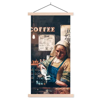 Produktbild von MuchoWow® Textilposter Milchmädchen - Barista - Kaffee - Cappuccino 40x80 cm mit holzfarbenen Rahmen - Wohnzimmer