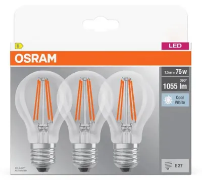 Obrázok produktu pre OSRAM HOMELIGHTING 4058075592377 LED (monochrome) EEC D (A - G) E-27 Pear shape 7.5 W = 75 W Neutral white (Ø x L) 60 mm x 105 mm 3 pc(s)