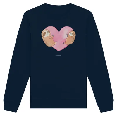 Produktbild von Mr. & Mrs. Panda Bio Baumwoll Pullover Faultiere Herz Größe XS - French Navy - Geschenk, Sweatshirt, Jahrestag, Freundin, Pulli, für Partner, Valentinstag, Sweater