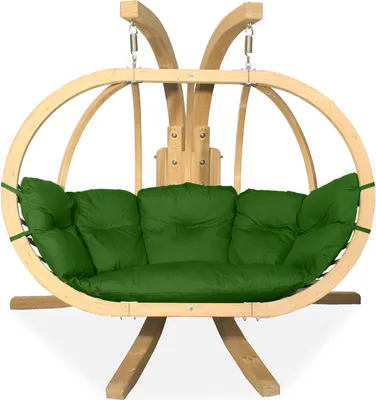 A wooden hanging chair with green cushions, presented on a white background.