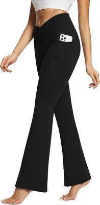 Productafbeelding van Dames yogabroek met zijzakken, hoge taille en uitlopende pijpen, geschikt voor yoga en training