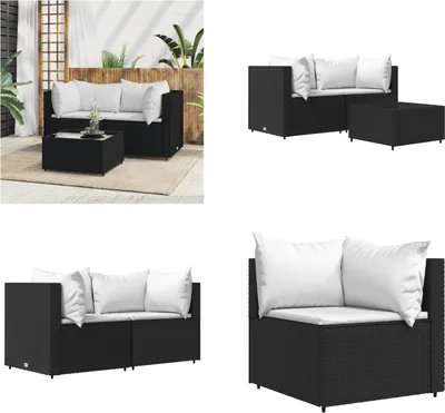Image de vidaXL 3 pcs. Garden Lounge Set with Coussins Black Poly Rattan - Garden Lounge Set - Garden Lounge Sets - Outdoor Lounge Set - Lounge Set Terrasse