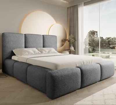 Produktbild von Polsterbett Bubble 180×200 cm – grau Bouclé-Stoff – mit Bettkasten und hochklappbarem Lattenrost – modernes Designerbett