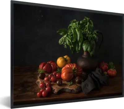 Produktbild von MuchoWow® Gerahmtes Poster Stilleben - Tomaten - Basilikum - Gemälde - Gemüse - Schwarz 80x60 cm - Poster mit Schwarzem Bilderrahmen Wandposter Rahmen Foto Bilder - Schwarzem - Mit Gestell