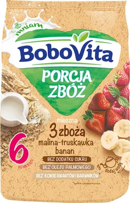 Produktbild von Bobovita Porcja Zbóż Porcja Mleczna Kaszka 3 Zboża Himbeer-Erdbeer-Banane Po 6 Miesięcu 210 G