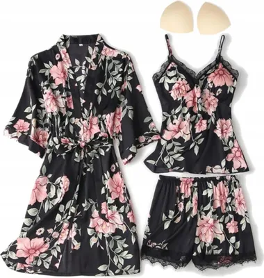 Produktbild von Nachthemd-Set - Pyjama - für Damen - 3-in-1-Set - Satin - Bademantel mit Nachthemd und Shorts - Blumenmuster - Einheitsgröße - Schwarz