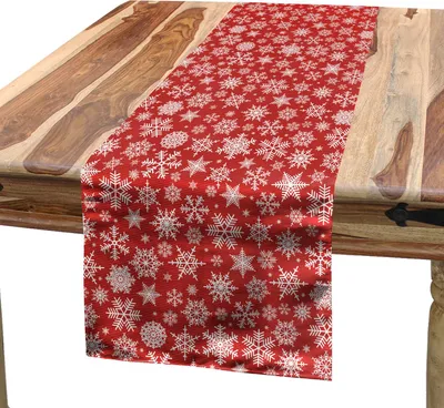Produktbild von ABAKUHAUS rot Tischläufer, Kristall Schneeflocken und Sterne Motive Lebhaft Modern Klarer Druck, 40 x 225 cm, Weiß Rot