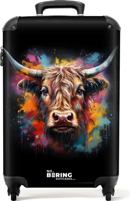 Produktbild von NoBoringSuitcases.com® Koffer Handgepäck Trolley Rollkoffer Kleine Reisekoffer mit 4 Rollen - Schottische Highlander als Graffiti-Kunst - Cabin Size < 55x40x23 cm & 55x40x20 cm - Fotokoffer - Kabinenkoffer - BoardgepäckHandgepäck Koffer 55x35x20 cm, 36L,
