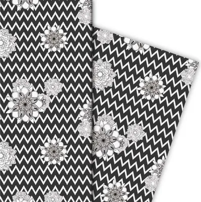 Produktbild von Grafisches Geschenkpapier mit Blüten auf Zickzack Motiv, schwarz|weiß - G4789, 32 x 48cm