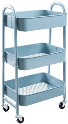 Zdjęcie produktu dla Uniqoos® - Elastyczny wózek do przechowywania – 3-poziomowy wózek na kółkach, 40x30x70 cm, wzmocnione metalowe kosze, kolor szaro-niebieski, 4 kółka (2 z możliwością blokady), 15 kg na półkę