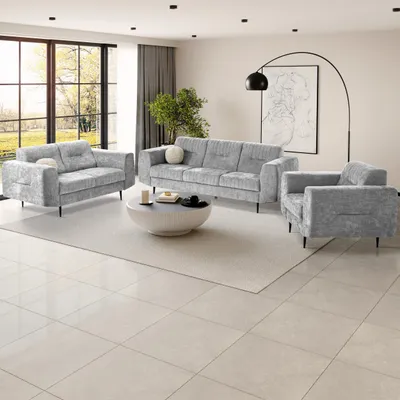 Produktbild von BEAUTYSOFA | Couchgarnitur VENEZIA Chenillestoff Grau – Sofa Set 3+2+1, Polsterset mit Metallbeinen Schwarz, Wohnzimmer Set ohne Schlaffunktion