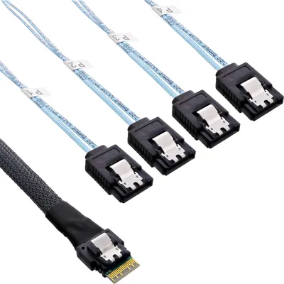 Produktbild von InLine Slim SAS Kabel, SFF-8654 zu 4x SATA 7-pin, 12Gb/s, 1m, 1 m, SFF-8654 male, 4 x SATA 7-pin, Gerade, Gerade, Männlich/Männlich