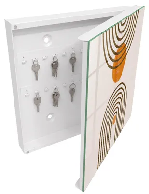 Produktbild von Weißer Schlüsselschrank aus Metall 30 x 30 cm - Schlüsselbox zur Wandmontage mit Tür - rechts öffnender Schlüsselkasten - praktische Schlüsselaufbewahrung für Zuhause - Retro-Geometrie, KI-generiertes Bild