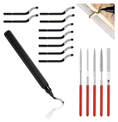 Produktbild von Entgratwerkzeug mit drehbarem Metallgriff und Zubehör