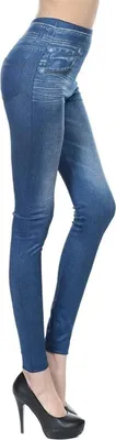 Produktbild von Damen-Leggings mit Denim-Print und Fake-Jeans, nahtlos, volle Länge, mit Tasche