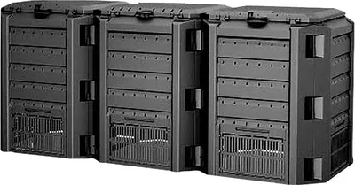 A three-segment black compost bin.