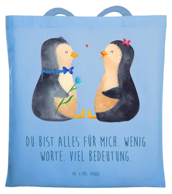 Produktbild von Mr. & Mrs. Panda canvas tasche Pinguin Pärchen - Sky Blue - Geschenk, Hochzeitsgeschenk, Hochzeitstag, Shopping, Einkaufstasche, Schultasche, Liebe, Laptoptasche, Große