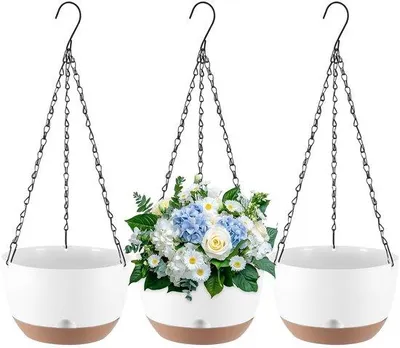 Produktbild von 3er-Pack hangender Blumentopf, 20,5 cm innen-/außen-Blumentopf, mit Kettchen, Entwässerungsöffnungen und abnehmbarer Schale, für Haus, Garten und Balkon (weiß)