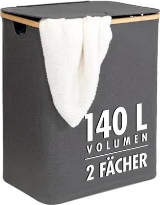 Produktbild von Wäschekorb | 140 Liter | 2 Fächer | mit Deckel und Bambus-Rahmen | Wäschesammler mit 2x Wäschesack zum herausnehmen | grau-anthrazit | ca. 57x37,5x67 cm | faltbar