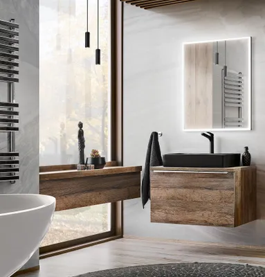 Produktbild von MONTIERT Badmöbel Set SANTA FE 80 cm BRAUN mit Waschbecken MATT LED SOFT-CLOSE Waschtisch Spiegel