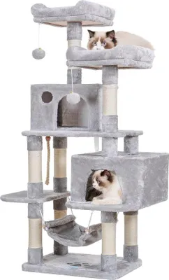 Produktbild von Famanu Kratzbaum großer Katzenbaum - stabil mit Sisaltau - 2 große Häuser - 2 Plattformen - hellgrau