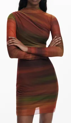 Produktbild von Kurzes Damenkleid Orange mit Kontrastdetails und Langarm-Design