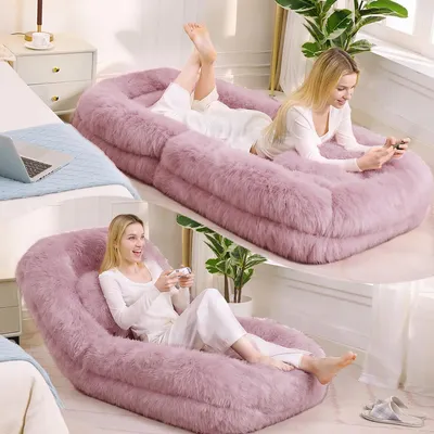 Productafbeelding van Hondenbed voor mensen, comfortbank, 5-voudig verstelbaar, gamingstoel voor op de vloer, pluche, roze