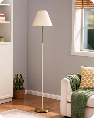 Produktbild von EDISHINE Retro Stehlampe Wohnzimmer, mit Baumwoll-Leinen-Lampenschirm und Metallgestell, 2700K LED Glühbirne inkl., E27 Stehleuchte, Weiß, KI-generiertes Bild