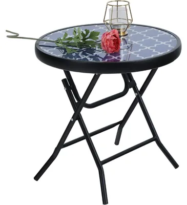 Immagine prodotto di Tavolino pieghevole rotondo, diametro 46 cm, blu, realizzato in vetro temperato resistente agli agenti atmosferici e con struttura in metallo