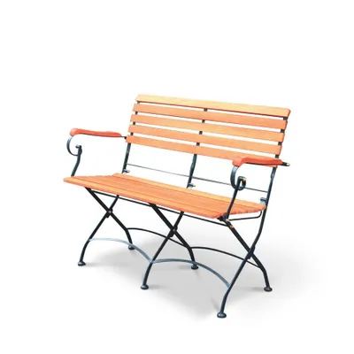 A wooden bench with black metal legs on a white background.