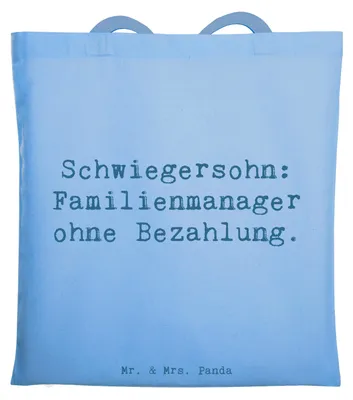 Produktbild von Mr. & Mrs. Panda Jutebeutel Spruch Schwiegersohn Manager - Sky Blue - Geschenk, persönliche Erinnerungen, Tasche, Tote Bag, Handgefertigt, Humor, unbezahlt, Familienleben