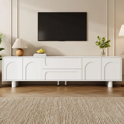 Produktbild von Merax TV-Schrank TV Lowboard mit 4 Türen und 2 Schubladen, modernes TV-Möbel mit Kabelmanagement, Fernsehtisch abgerundetes Design, Wohnzimmer, Weiß