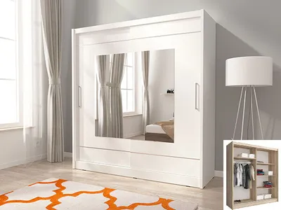 Image de Armoire à portes coulissantes, armoire de chambre à coucher, miroir, blanche - Largeur 180 cm