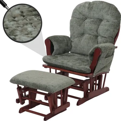 A green fabric glider chair and ottoman set with a dark wood frame, shown against a white background. A magnified inset shows the texture of the fabric.