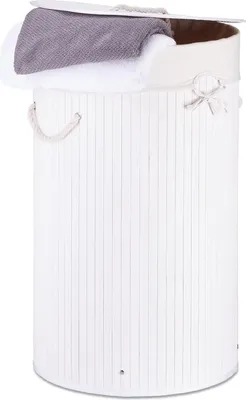 Produktbild von 2 x Wäschekorb Bambus, faltbare Wäschetonne mit Deckel, Volumen 70 l, Wäschesack Baumwolle, rund Ø 41 cm, weiß