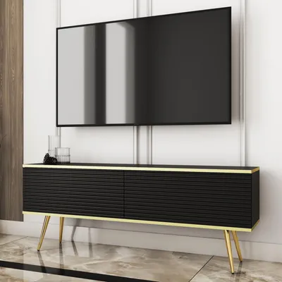 Productafbeelding van TV-meubel FORNO Schwarz, ribbelfront, Glamour Art Deco stijl, 135 cm, met gouden poten