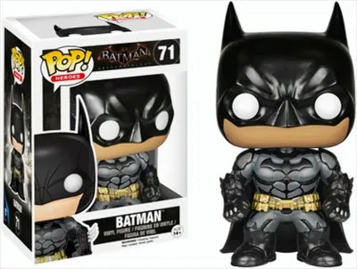 A Funko Pop! Batman Arkham Knight vinyl figure in its packaging, shown next to the figure itself.