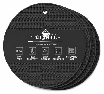 4er-Set Silikon-Untersetzer, hitzebeständig bis 230 °C, schwarz
