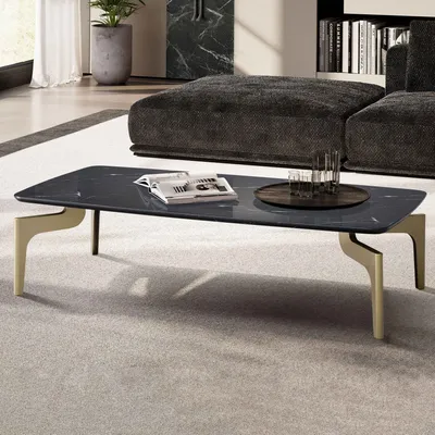 A modern living room with a coffee table in the foreground and a sofa in the background.