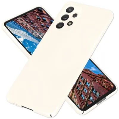 Two white smartphone cases are shown diagonally, overlapping each other, with a building facade visible on the screens of the phones.