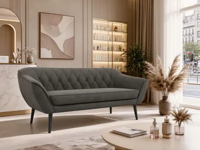 Produktbild von MKS MEBLE Skandinavisches Sofa 3-Sitzer, Sofa mit Wellenfederung, schwarze Füße, Breite 180 cm Couch mit Holzbeinen - Dunkelgrau Velvet