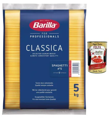 Produktbild von Barilla Spaghetti N.5 Classica 5 kg – Profi-Großpackung aus Hartweizengrieß, Kochzeit 9 Min., ideale Bissfestigkeit & Saucenbindung, Vorratspack für Gastro + Italian Gourmet polpa