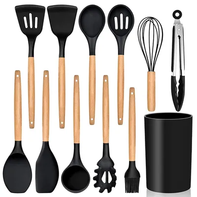 Produktbild von Küchenutensilien-Set 12-teilig Silikon mit Holzgriffen hitzebeständig Schwarz