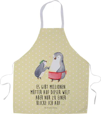 Produktbild von Mr. & Mrs. Panda Kochschürze Pinguin mit Kind - Gelb Pastell - Geschenk, Gastro Schürze, Kellnerschürze, Küchenschürze, Muttertag, Mutter, Vorbild Mama, Küchenzubehör